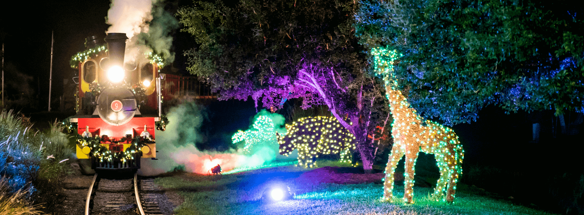 Jingle Bell Express Train Ride na Christmas Town no parque Busch Gardens