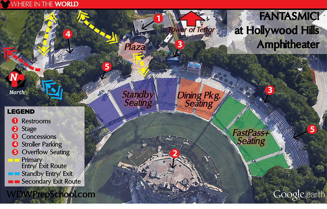 Mapa dos lugares para assistir ao Fantasmic! no Hollywood Studios