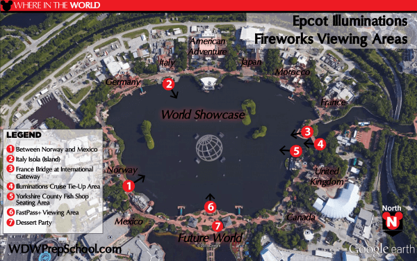 Mapa dos lugares para assistir ao Harmonious no Epcot