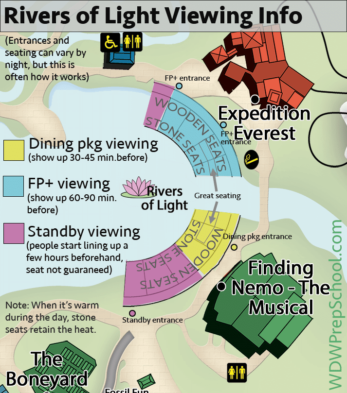 Mapa dos lugares para assistir ao Rivers of Light no Animal Kingdom