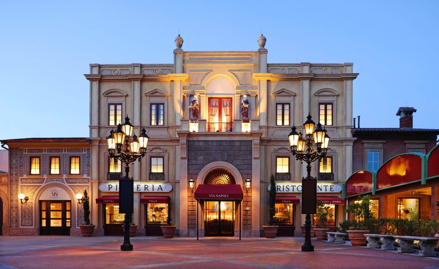 Fachada do Via Napoli Ristorante e Pizzeria na Disney em Orlando