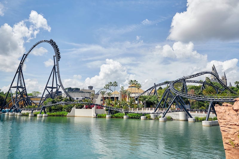 Trilho da montanha-russa Jurassic World VelociCoaster no Islands of Adventure em Orlando