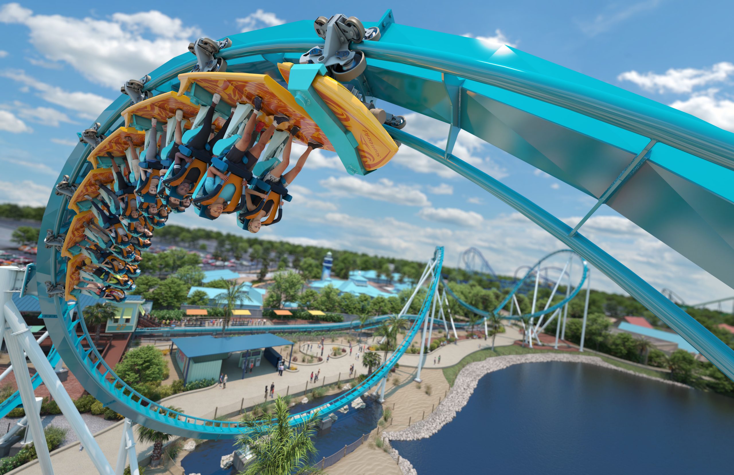 Simulação de looping na montanha-russa Pipeline: The Surf Coaster no SeaWorld em Orlando